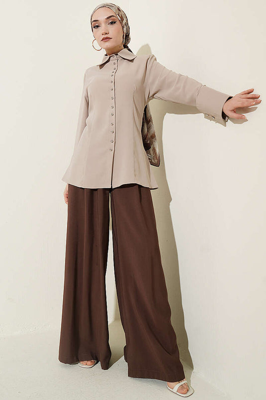 Beige Shirt with Top Button and Stitching Details