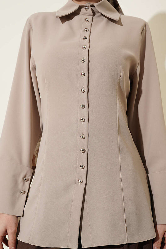 Beige Shirt with Top Button and Stitching Details