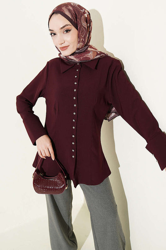Camicia con bottoni superiori e dettagli cuciti color prugna
