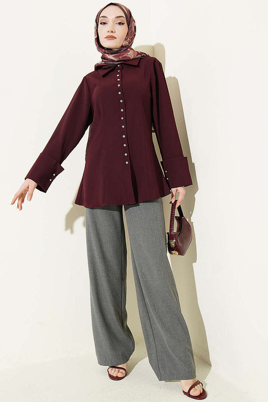 Camicia con bottoni superiori e dettagli cuciti color prugna