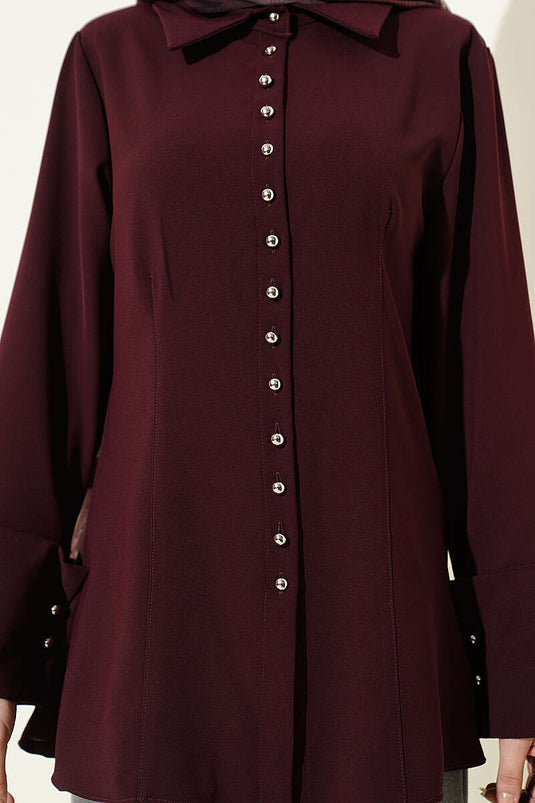 Camicia con bottoni superiori e dettagli cuciti color prugna