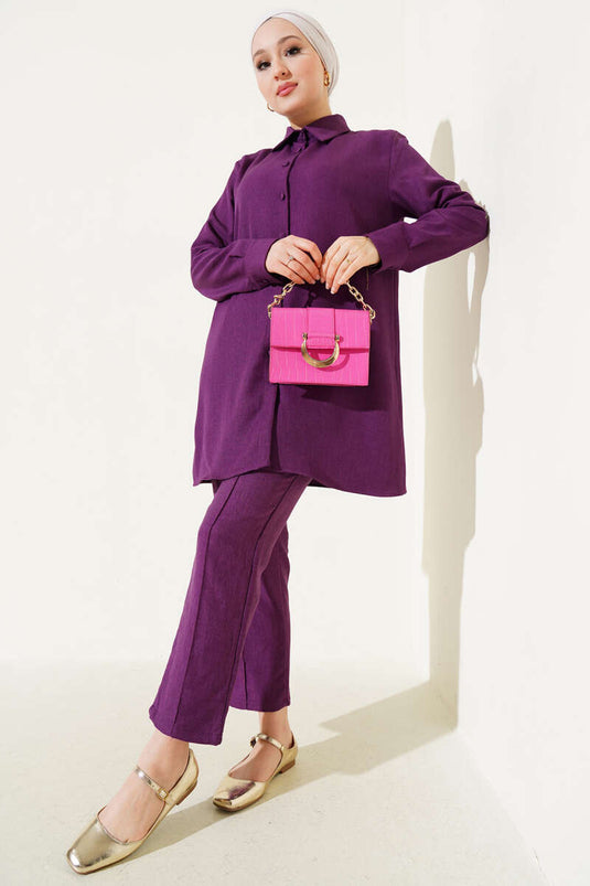 Ensemble deux pièces en lin violet à boutons boule