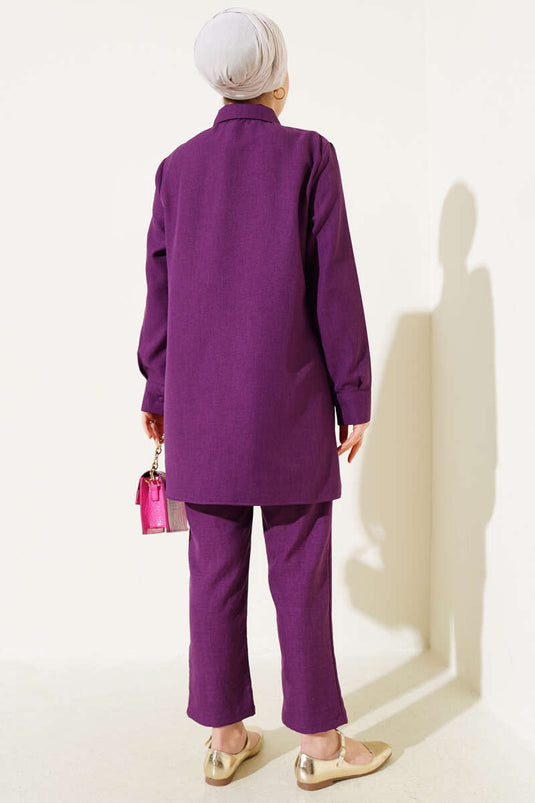 Ensemble deux pièces en lin violet à boutons boule