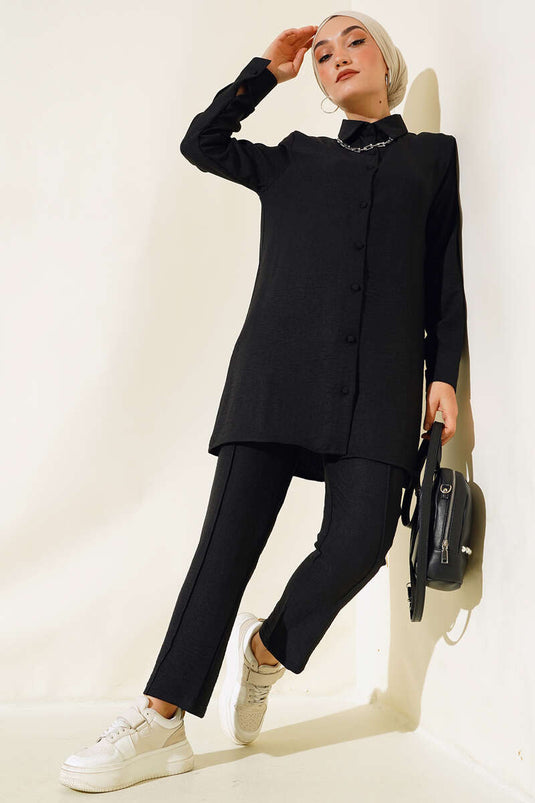 Linen Two Piece Suit with Top Buttons Black