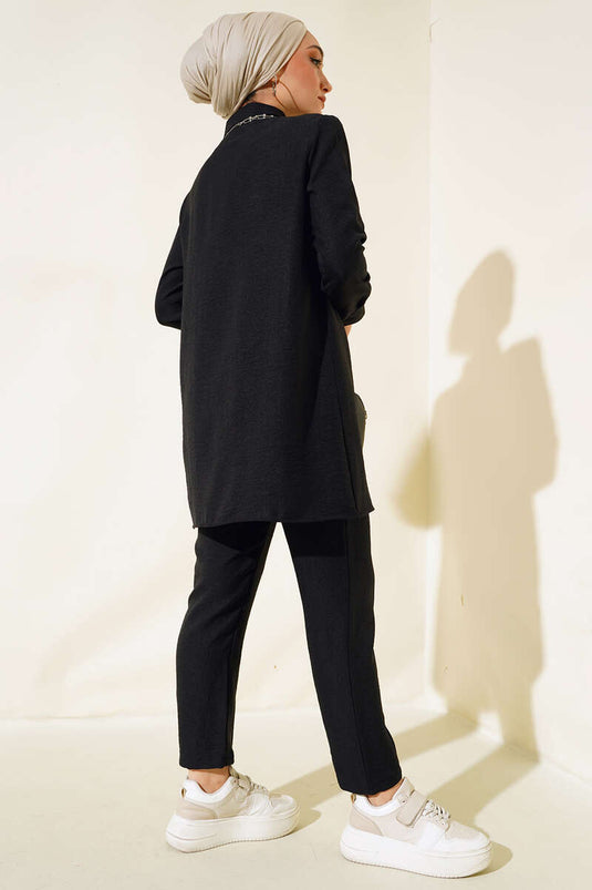 Linen Two Piece Suit with Top Buttons Black