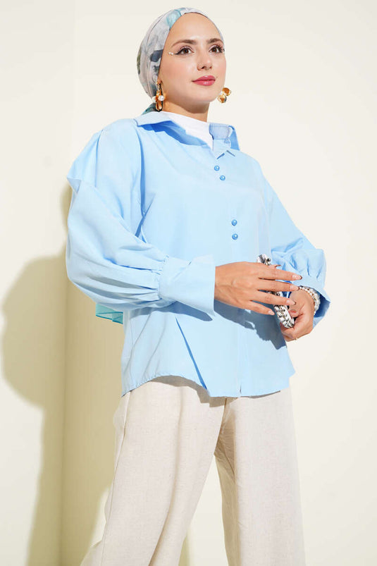 Button-down, darted shirt, blue.