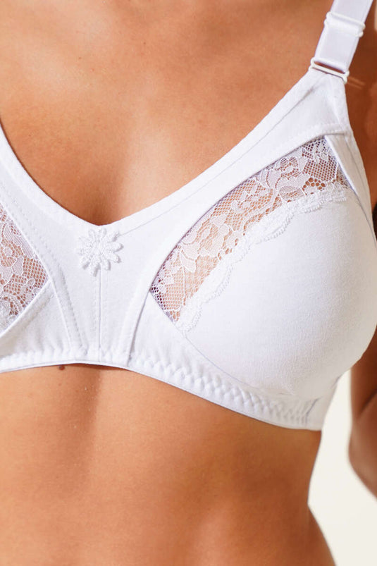 Gathering Combed Cotton Lace Bra White
