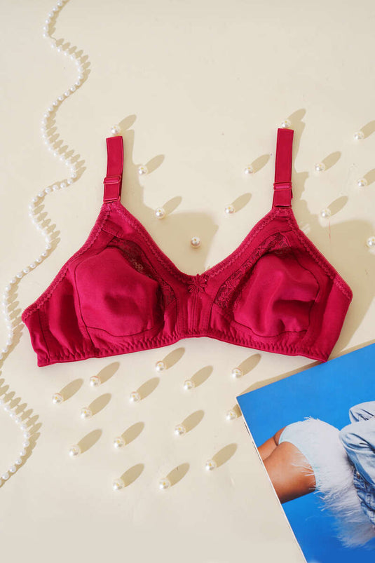 Gathering Combed Cotton Lace Bra Burgundy