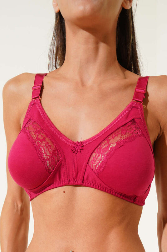 Gathering Combed Cotton Lace Bra Burgundy