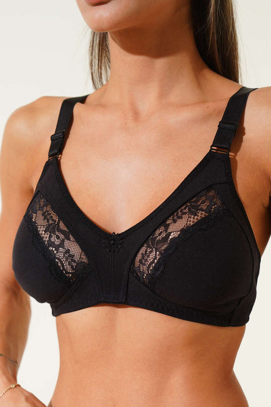 Gathering gekamde katoenen kanten bh zwart