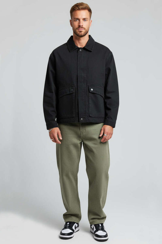 Veste en gabardine noire pour homme avec poches