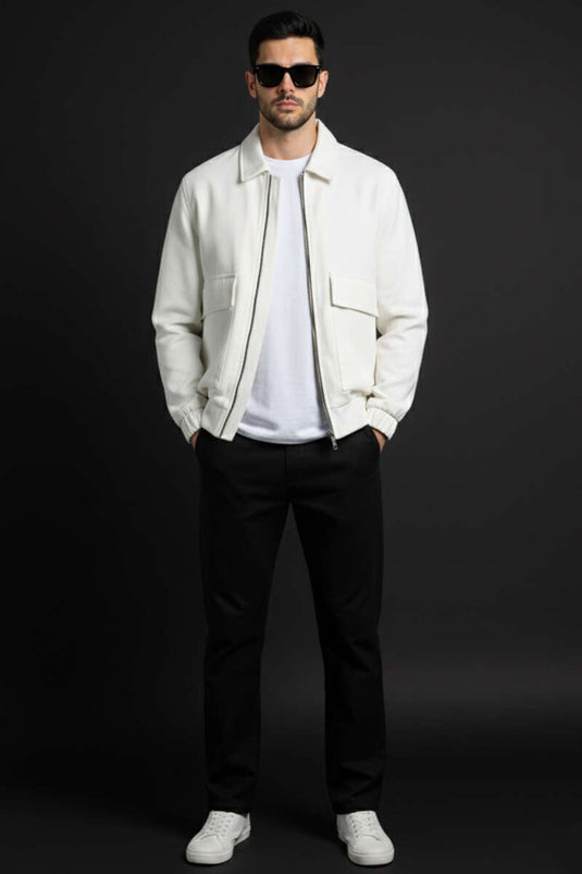 Men's Gabardine Jacket with Patch Pockets, Ecru