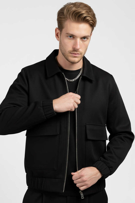 Men's Gabardine Jacket with Patch Pockets, Black