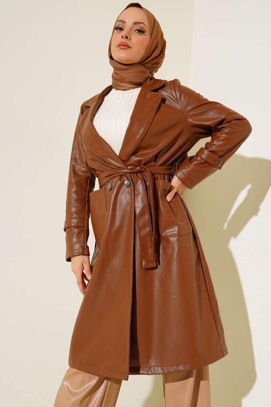 Trench-Coat En Cuir Ceinturé Avec Poche De Sac Tan