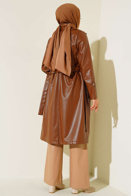 Trench-Coat En Cuir Ceinturé Avec Poche De Sac Tan