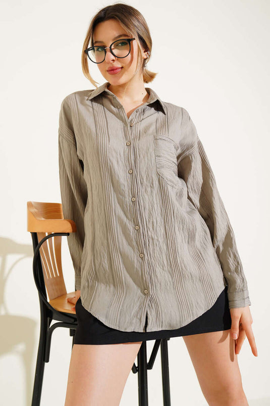 Chemise décontractée à poches rayées transparentes couleur vison