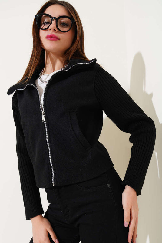 Knitwear Garnished Cashmere Coat Black