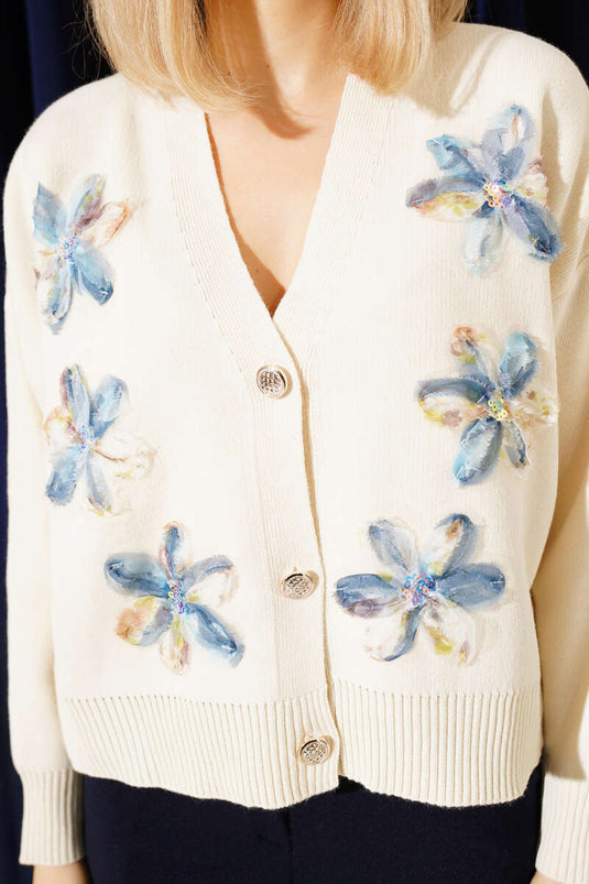 Mesh Floral Buttoned Knit Short Cardigan Beige Blue