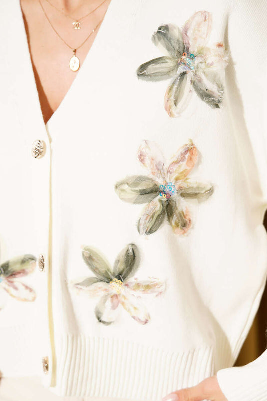 Gilet court en maille boutonnée à fleurs en tulle, écru kaki