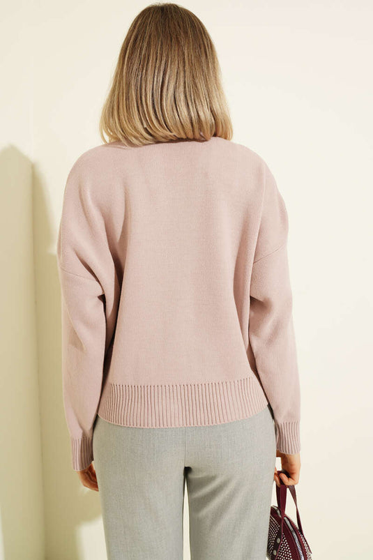 Tül Çiçekli Düğmeli Triko Kısa Hırka Pudra Yeşili