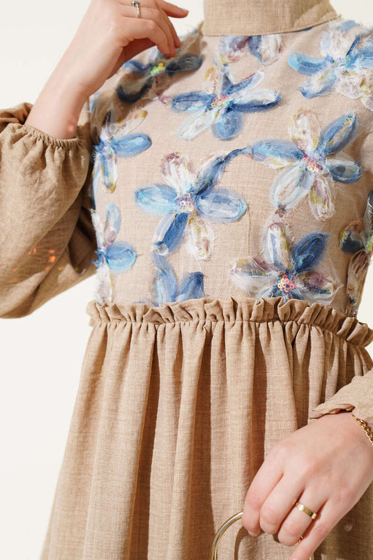 Tül Çiçekli Elbise Vizon