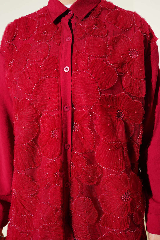 Bluse mit Tüllblumen und Steinverzierung, Bordeaux