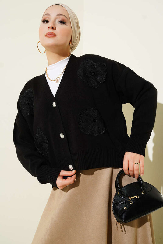 Short knitted cardigan with tulle and rhinestones, black.