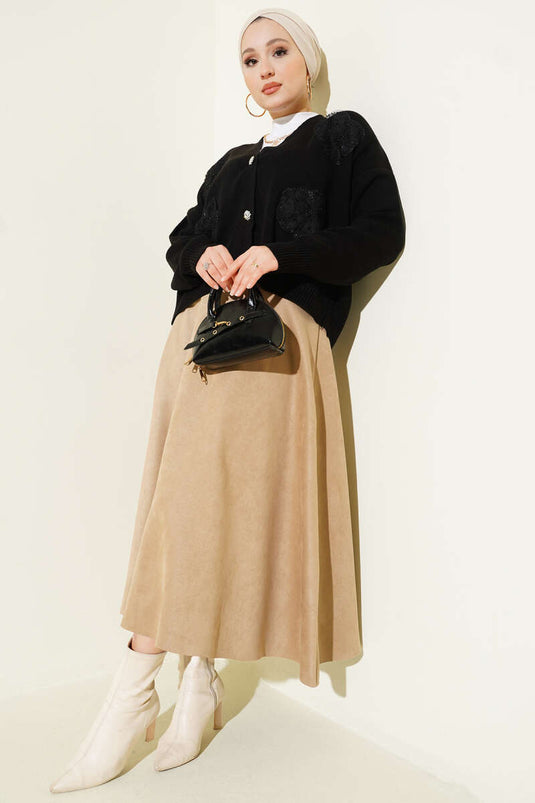 Short knitted cardigan with tulle and rhinestones, black.