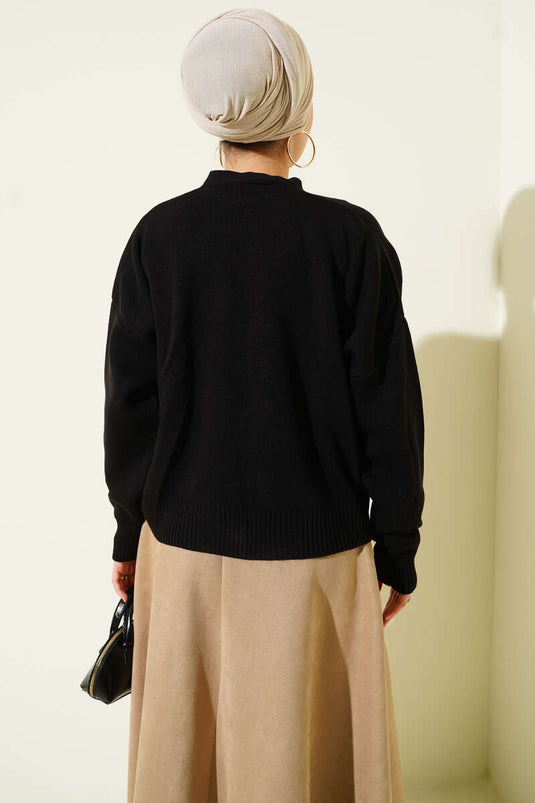 Short knitted cardigan with tulle and rhinestones, black.