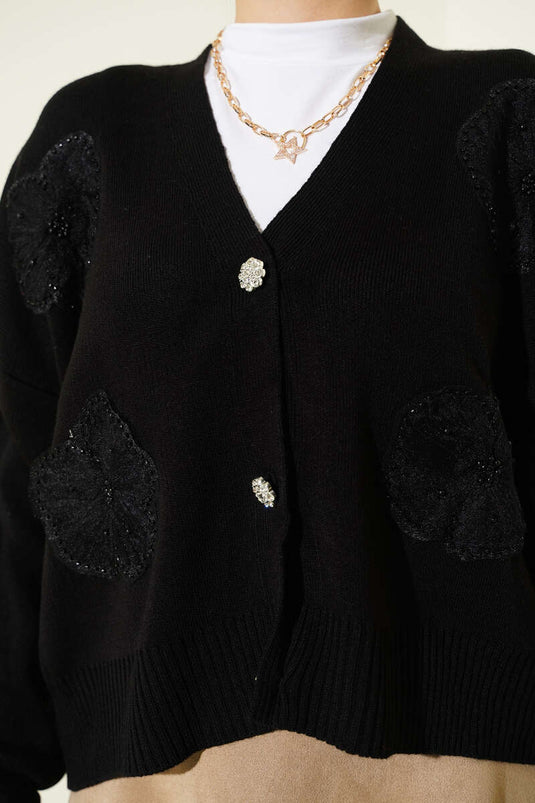 Short knitted cardigan with tulle and rhinestones, black.