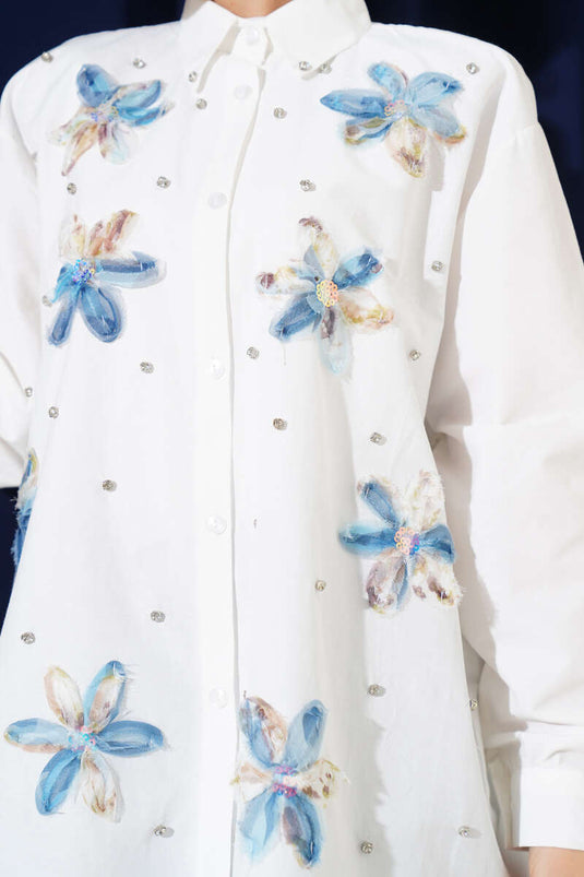 Tulle Floral Stoned Casual Shirt Blue