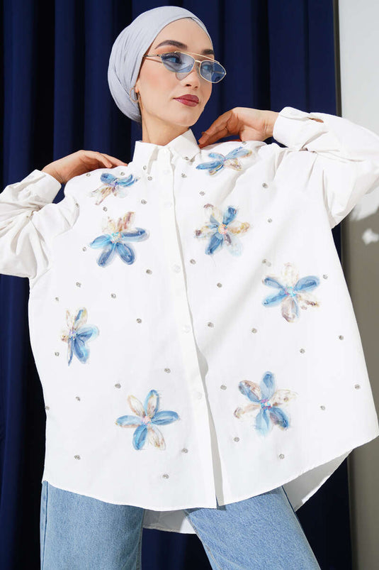 Tulle Floral Stoned Casual Shirt Blue