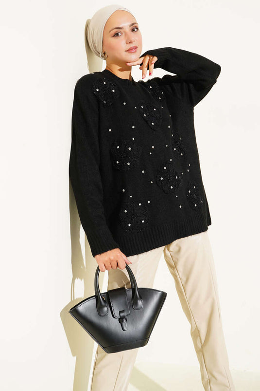 Tulle Floral Stoned Knit Tunic Black