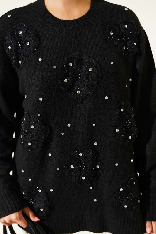 Tulle Floral Stoned Knit Tunic Black