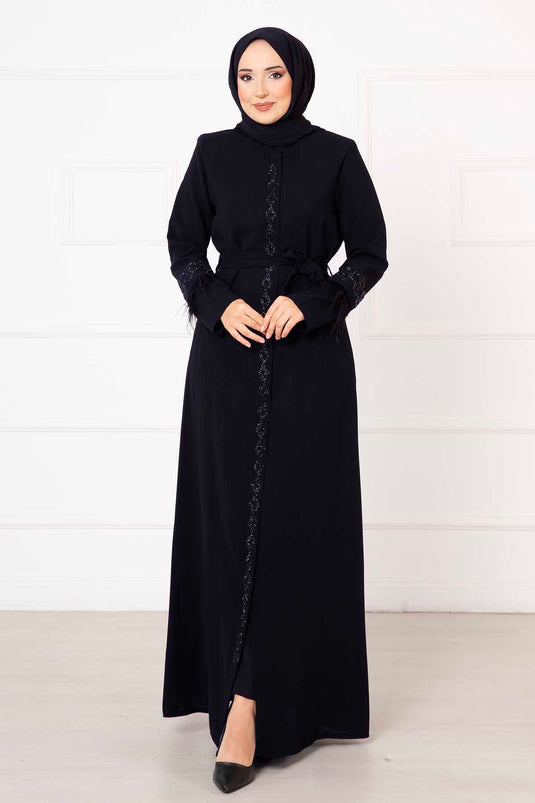 Abaya met verendetail en steen in marineblauw