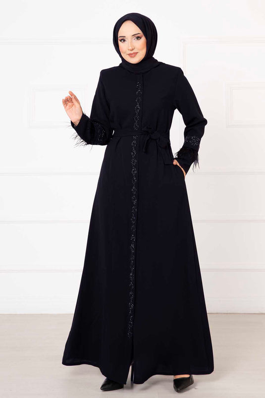 Abaya met verendetail en steen in marineblauw