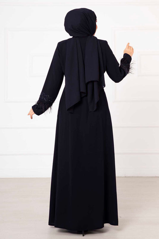 Abaya en pierre avec détails en plumes bleu marine