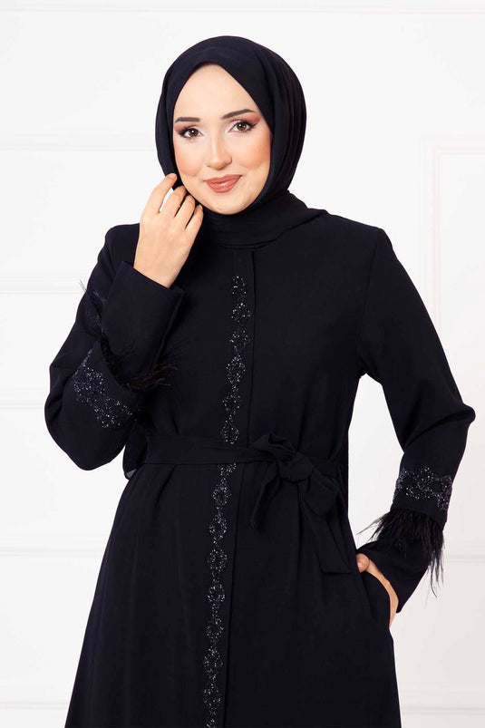 Abaya in pietra con dettaglio piuma blu navy