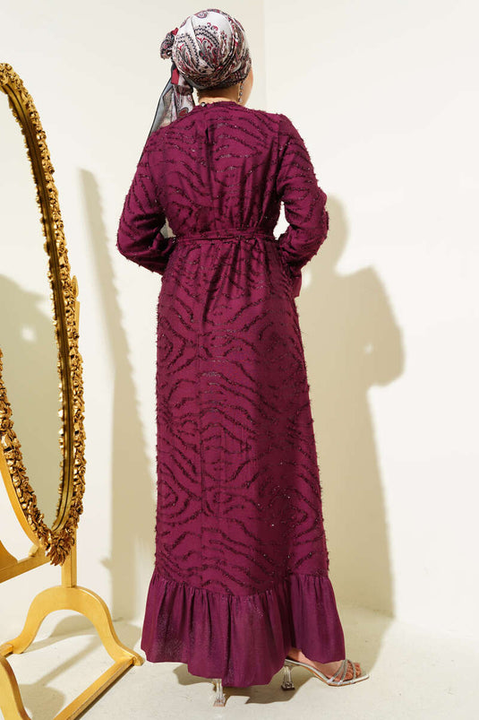 Tulle Detailed Bearded Flared Dress Burgundy