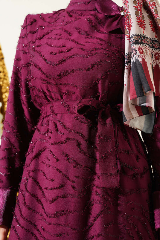 Tulle Detailed Bearded Flared Dress Burgundy