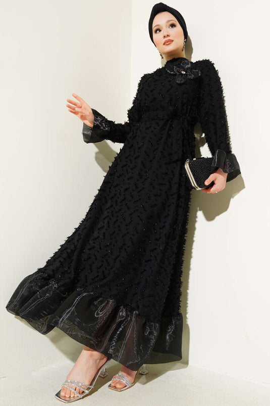 Tulle Detailed Bearded Flared Dress Black
