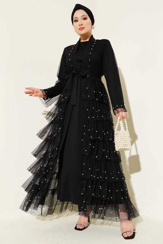 Tüllschicht Perlenverzierte Abaya Schwarz
