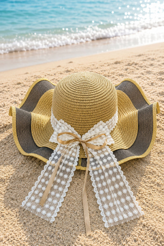 Straw Hat with Tulle Edging and Lace Trim Camel