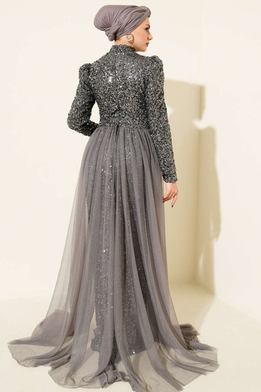 Anthracite Sequin Evening Dress with Tulle Cape