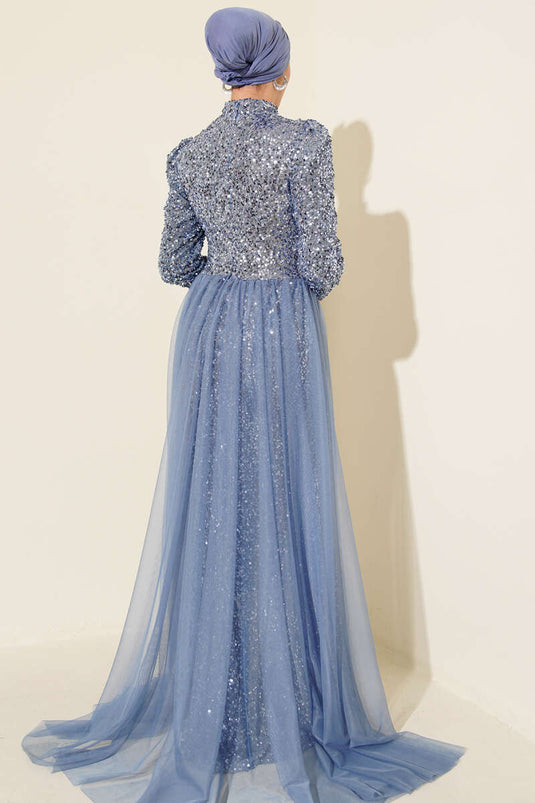 Baby Blue Sequin Evening Dress with Tulle Cape