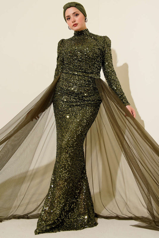 Sequin Evening Dress with Tulle Cape, Khaki
