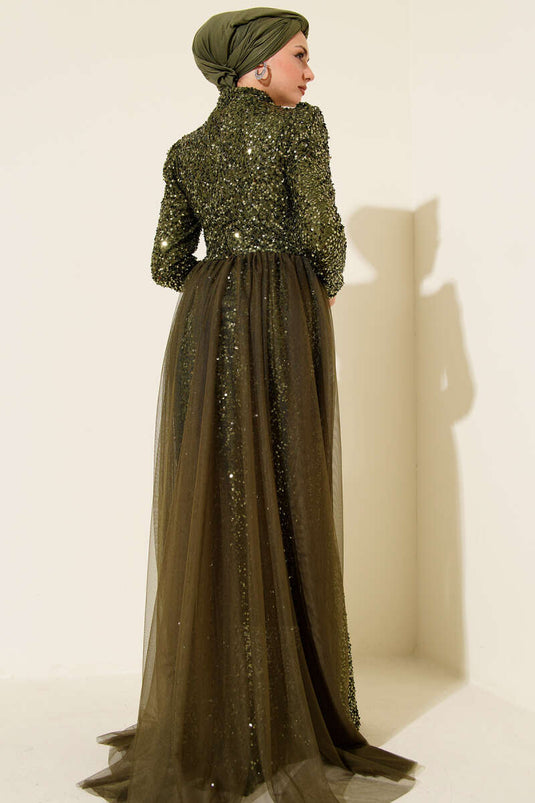 Sequin Evening Dress with Tulle Cape, Khaki