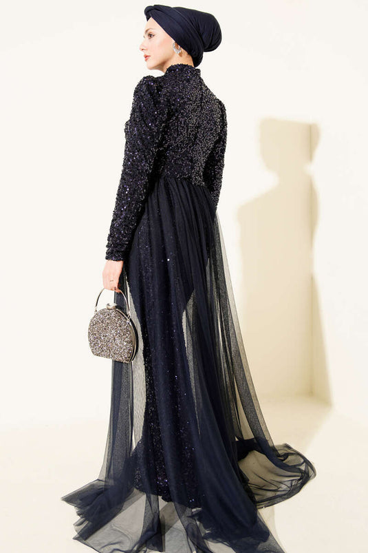 Robe de soirée bleu marine à sequins avec cape en tulle