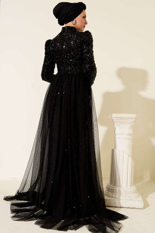 Robe de soirée noire à sequins avec cape en tulle