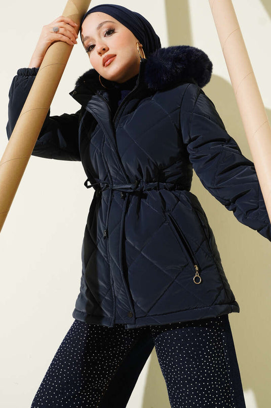 Tunnel Hooded Short Quilted Jacket Navy Blue